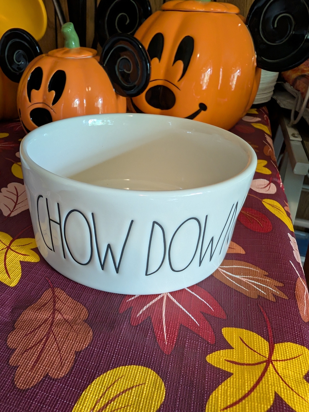 Rae Dunn White Ceramic 'CHOW DOWN' Pet Bowl with Black Lettering